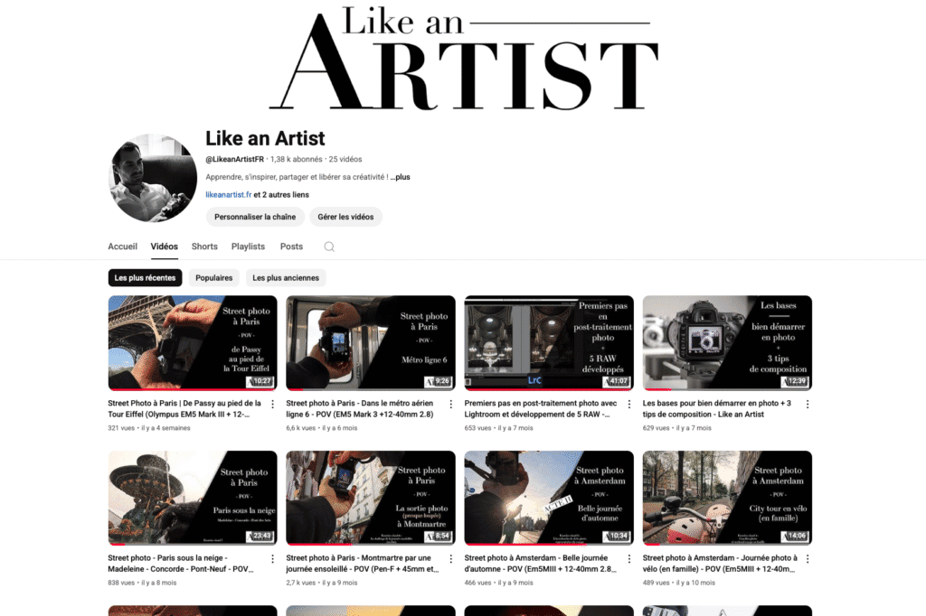 Page d'accueil Chaine YouTube Like an Artist screenshot - Jérôme Correia